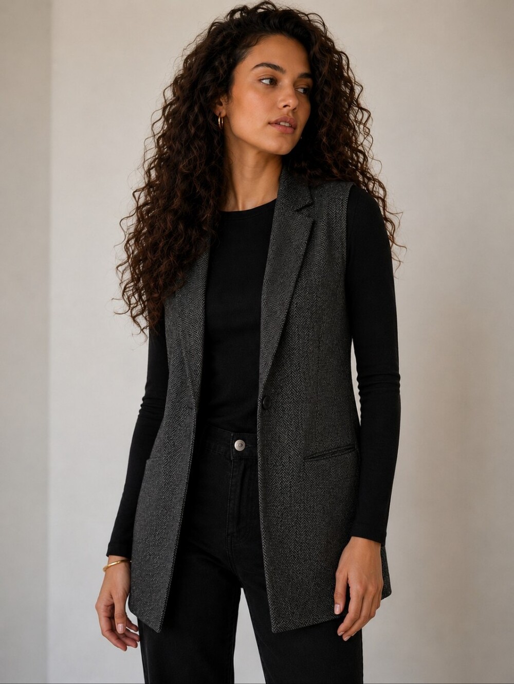 Suzy Shier XS Charcoal Herringbone Sleeveless Dark Grey Long Vest